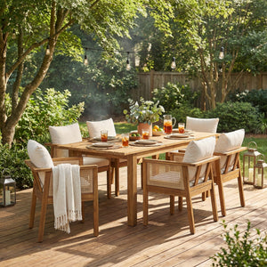 7 Pieces Acacia Wood Outdoor Dining Set with Cream Cushions and Natural Wicker