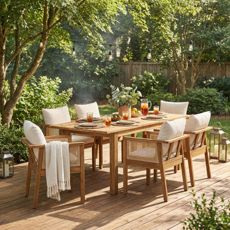 7 Pieces Acacia Wood Outdoor Dining Set with Cream Cushions and Natural Wicker
