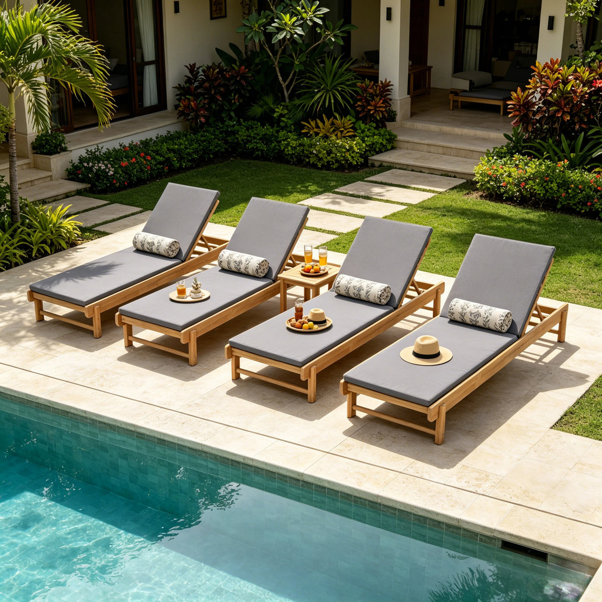 Light Teak Acacia Wood Chaise Lounge Set