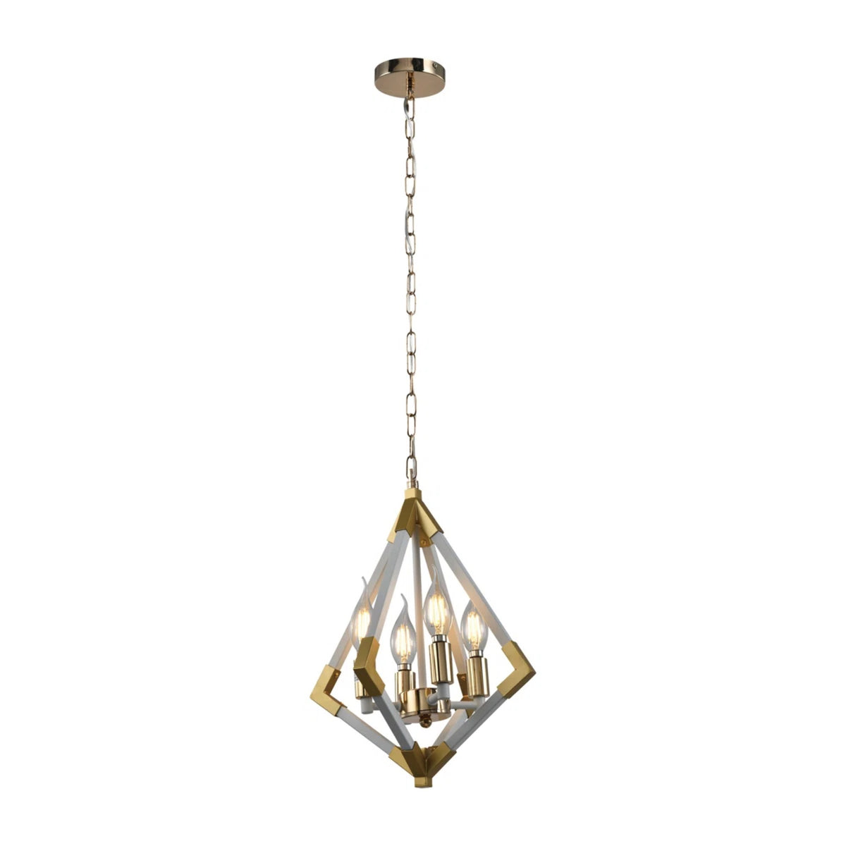 4-Light White and Gold Geometric Pendant with Metal Caged Frame