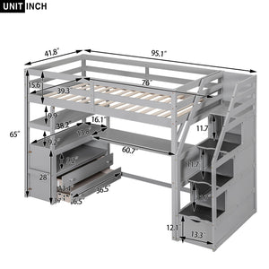 Loft Bed With Desk, Shelves, 2 Drawers, Storage Staircase