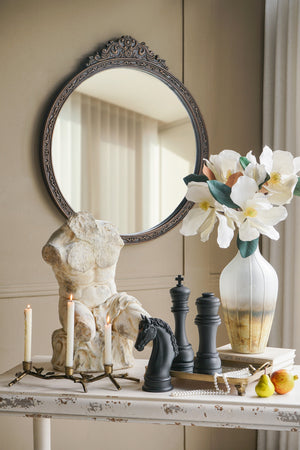 31.5" Round Antique Wall Mirror with Hand-Carved Pediment - Wood