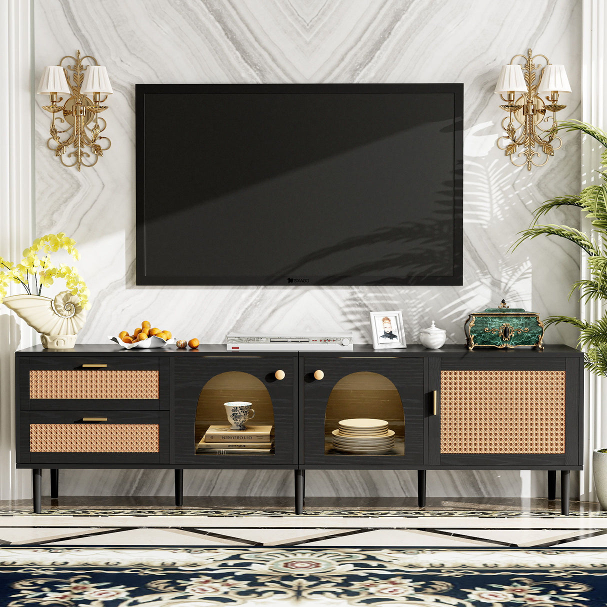 TV Stand With App-Controlled LED Lights, 2 Drawers & Door Storage
