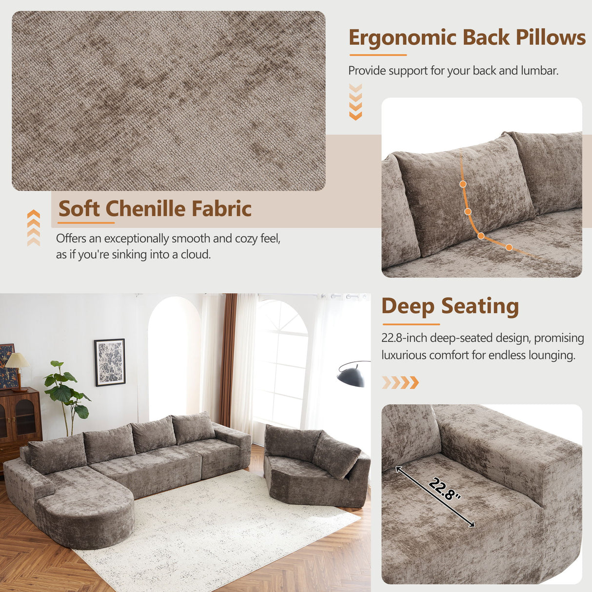U-Shaped Oversized Modular Cloud Sectional Sofa With Deep Seat For Living Room