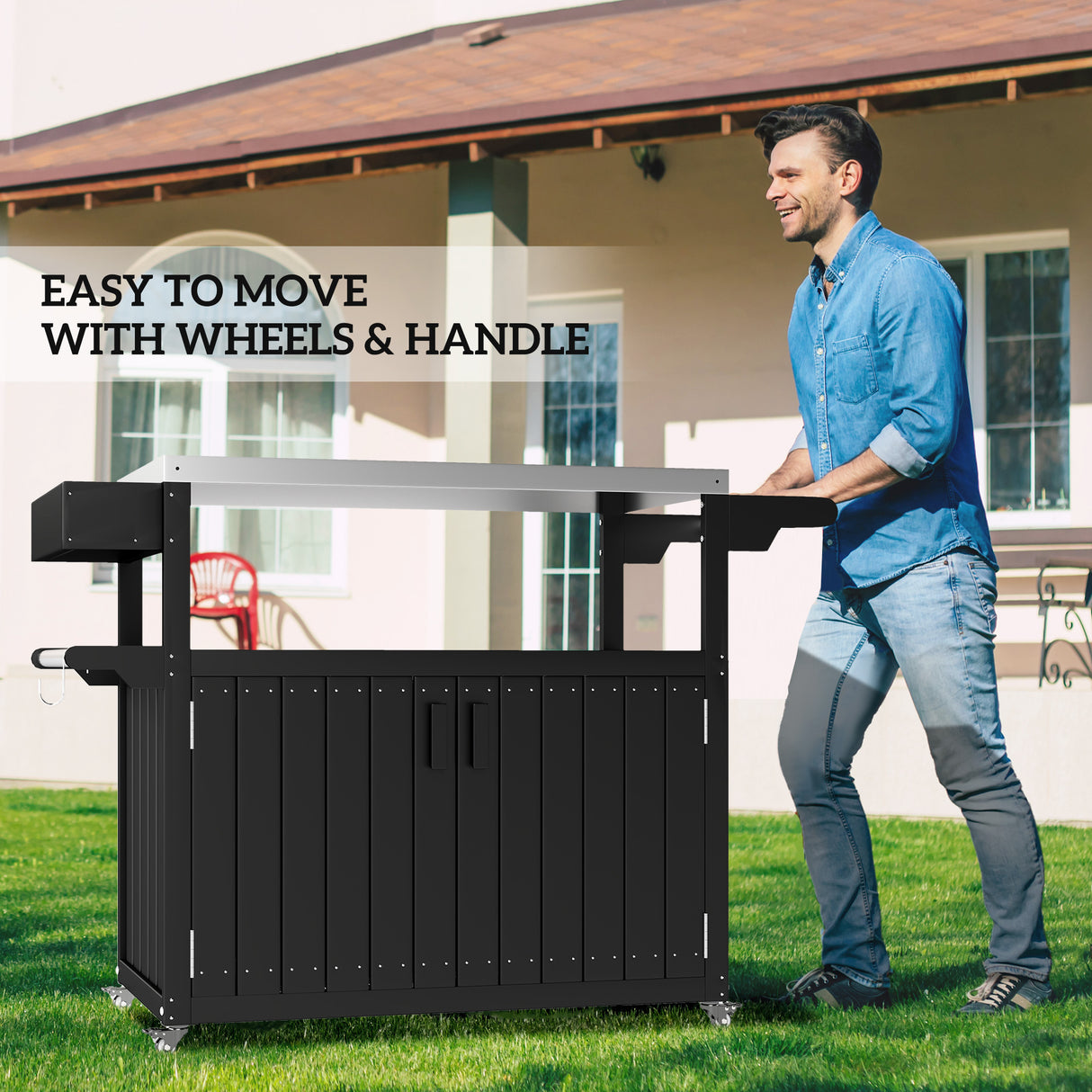 Outdoor Bar Cart with Storage and Stainless Steel Top