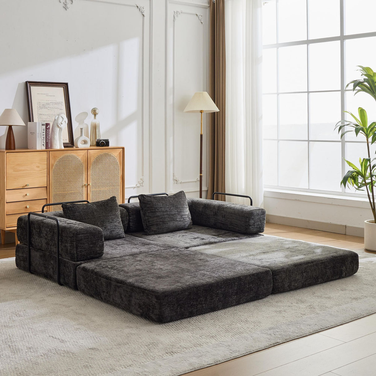 Convertible Floor Sofa Bed With Pillow Back Support Armrest