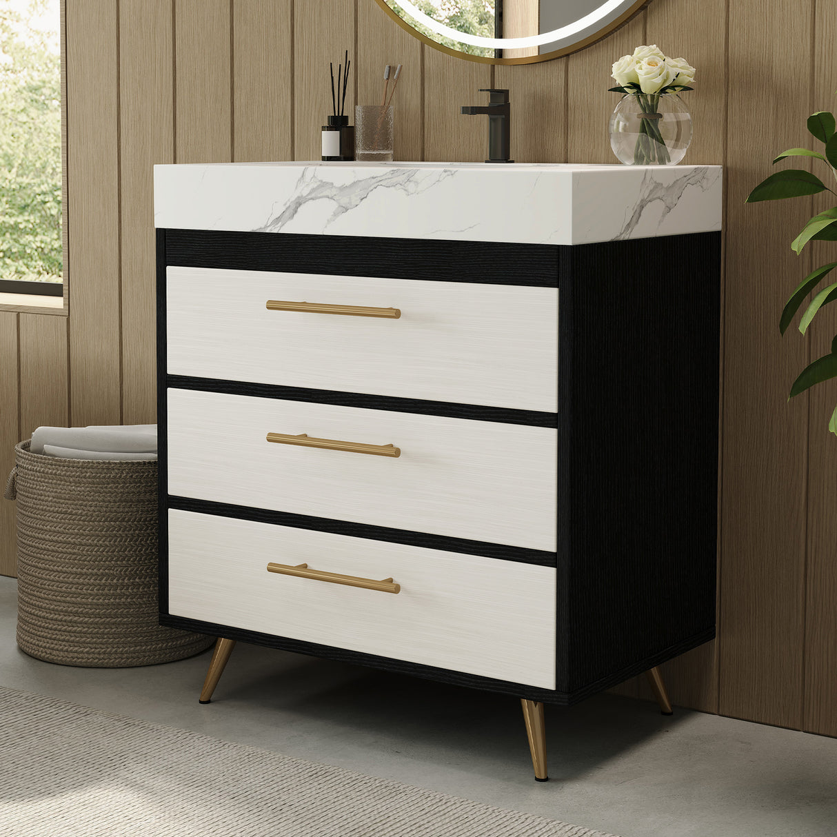 Modern Free-Standing Bathroom Vanity with Ceramic Vessel Sink & Durable Sintered Stone Top