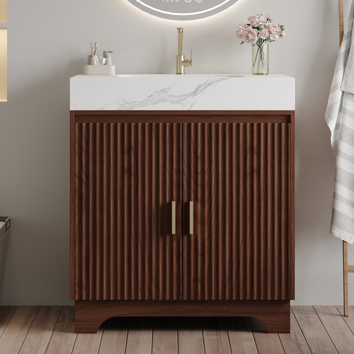 30" Freestanding Sintered Stone Countertop Bathroom Vanity with Ceramic Sink