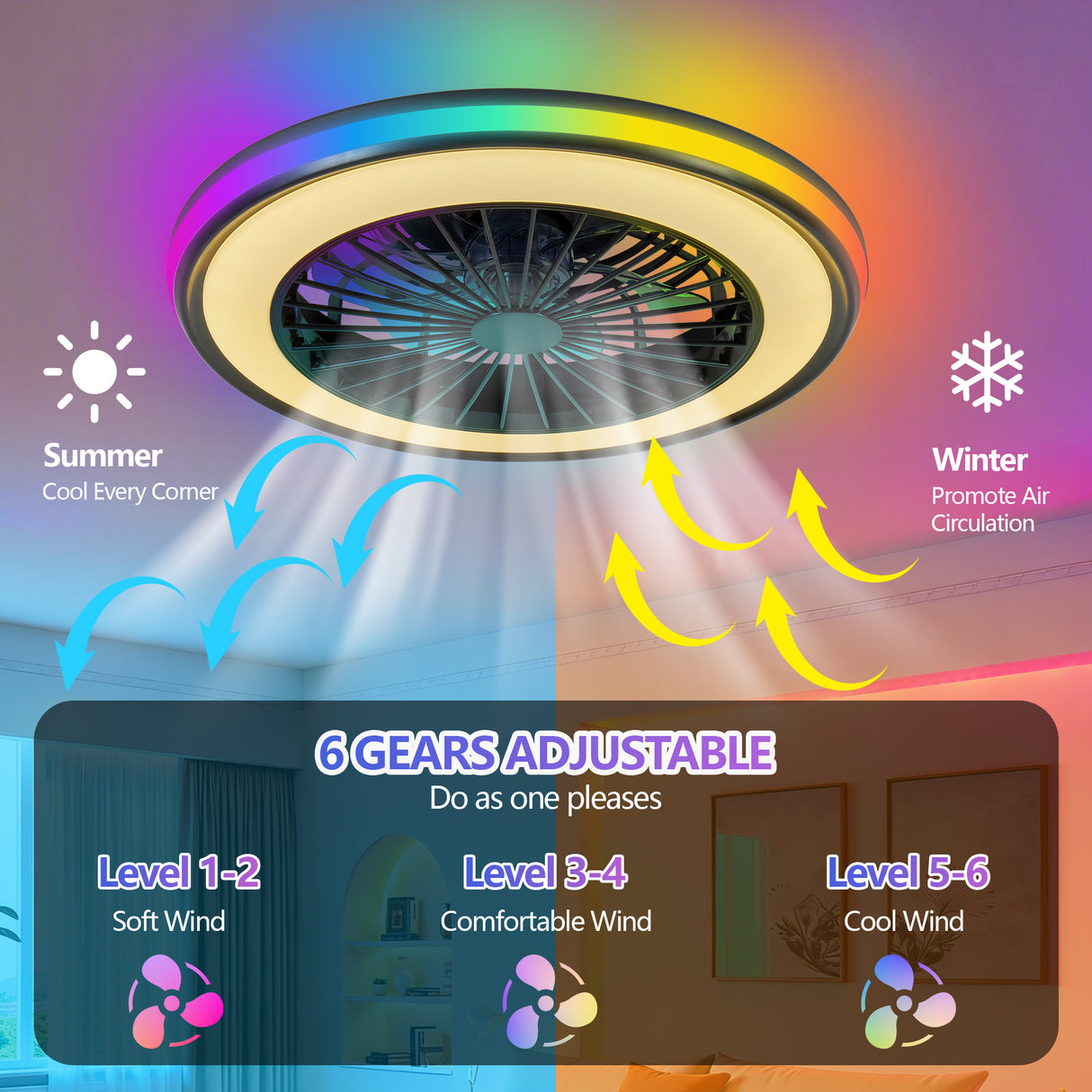 Modern LED Ceiling Fan Light with RGB Colors