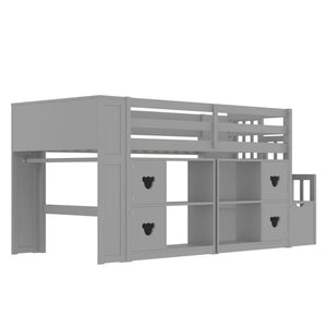 Loft Bed With Storage Cabinets, Staircase Drawers & LED Lights