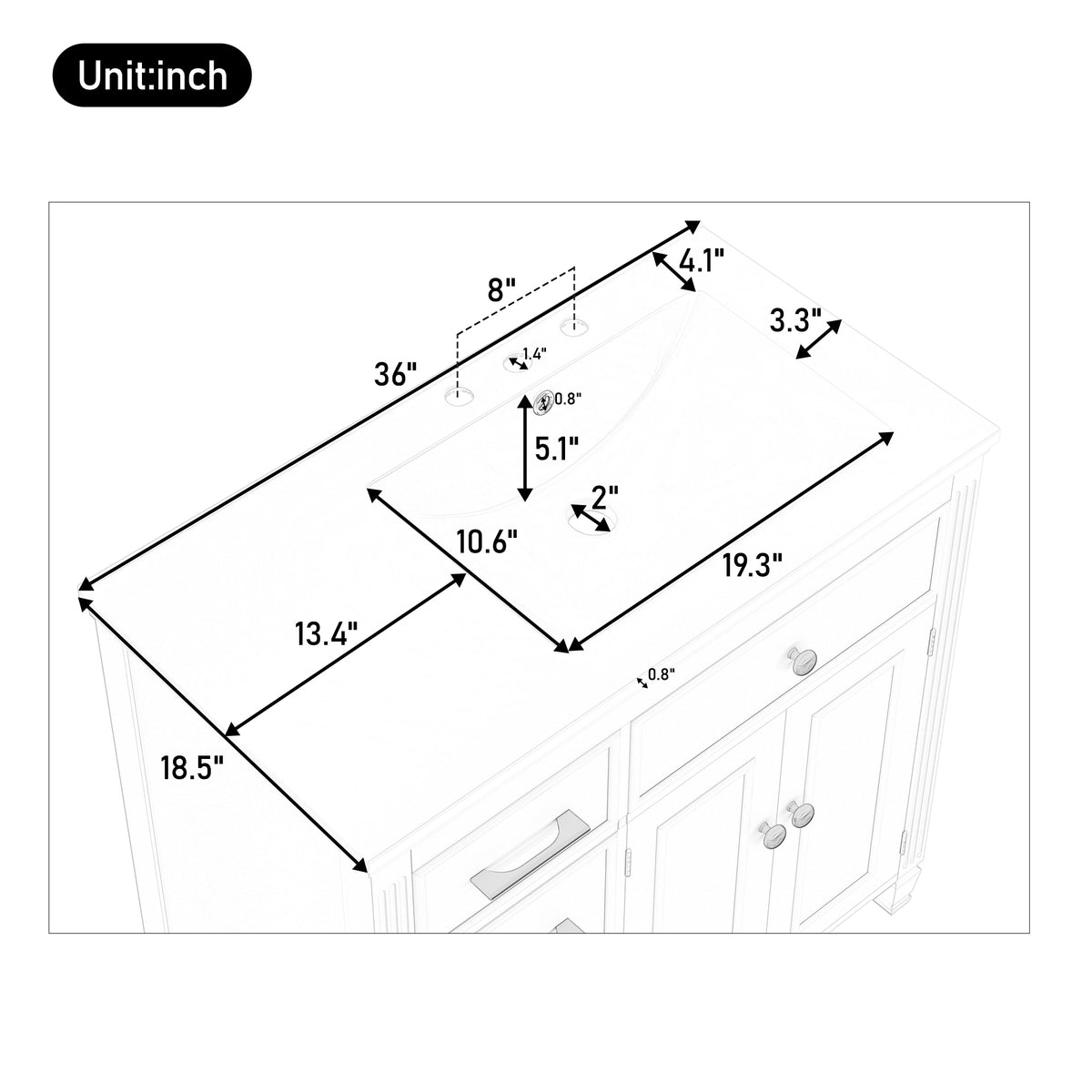 36" Bathroom Vanity with Sink, Ceramic Sink, One Tip-out Drawer, 3 Side Drawers, Adjustable Shelf