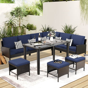 7 Piece Outdoor Furniture Set with Waterproof Cushions and Glass Table - Blue