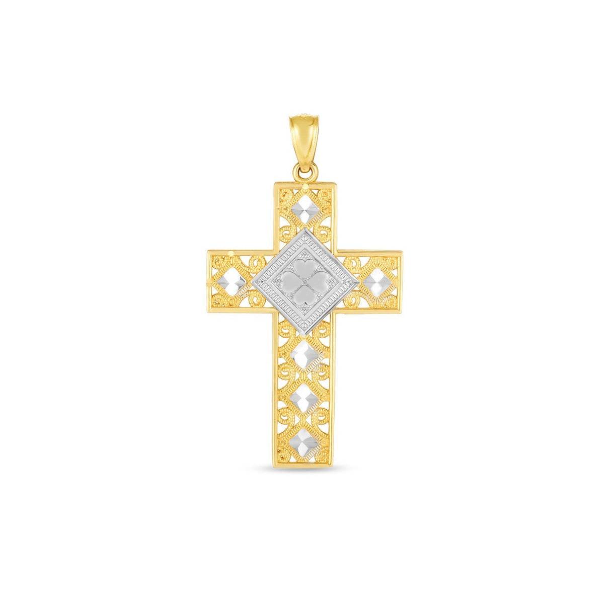 14k Two Tone Gold High Polish Diamond Cut Cross Pendant