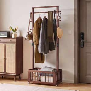 Solid Wood Freestanding Coat Rack with Rolling Wheels & Storage Basket