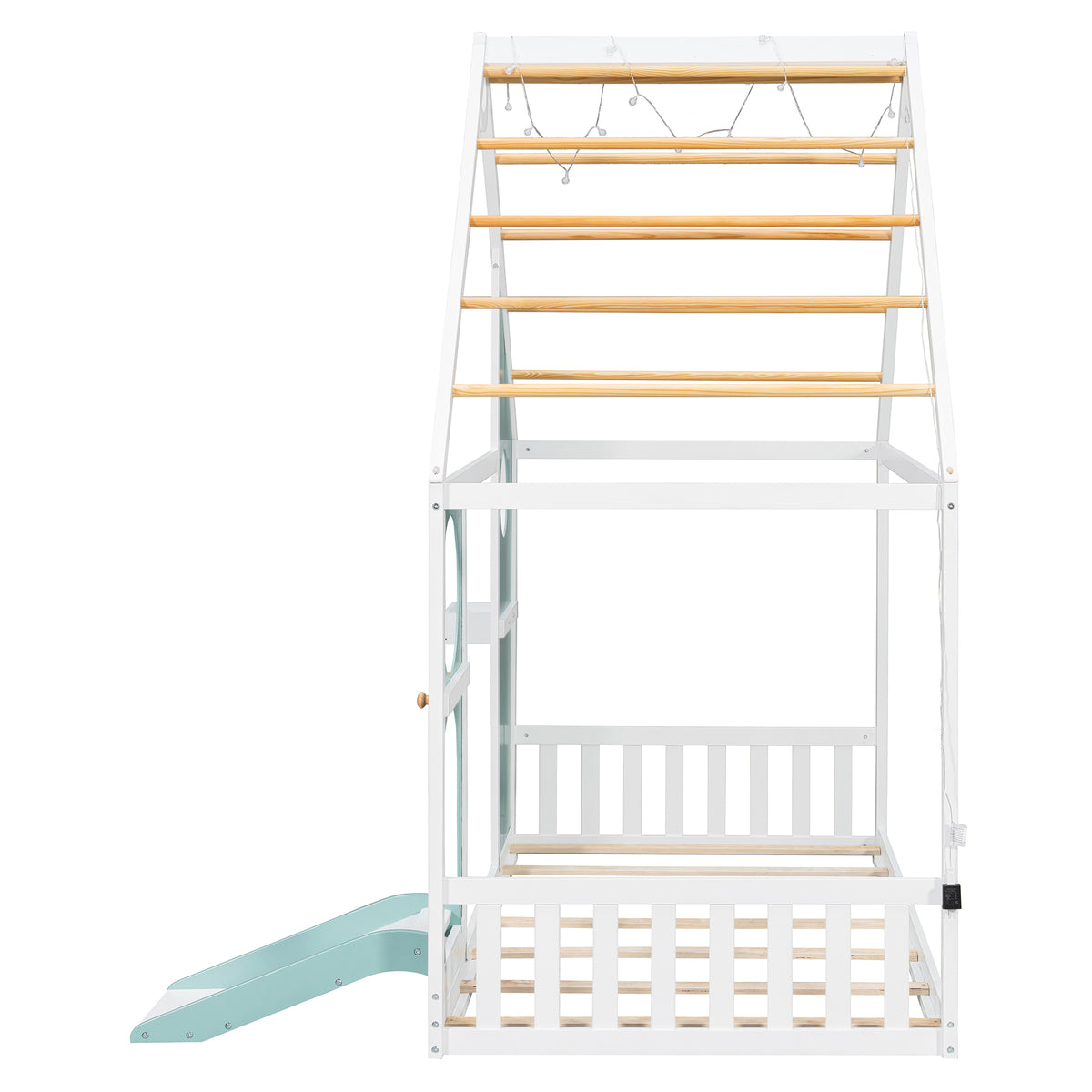 Twin House Bed with Slide, Ball Light Strip, Wooden Playhouse Design