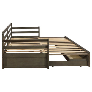 Twin Long 2 Drawer Daybed With Extendable Trundle, Storage Drawers, Fits Standard Mattress - Gray