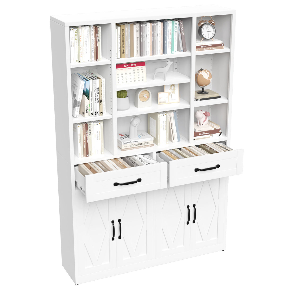 Industrial Bookcase Tall With Adjustable Shelves, Drawers & Doors