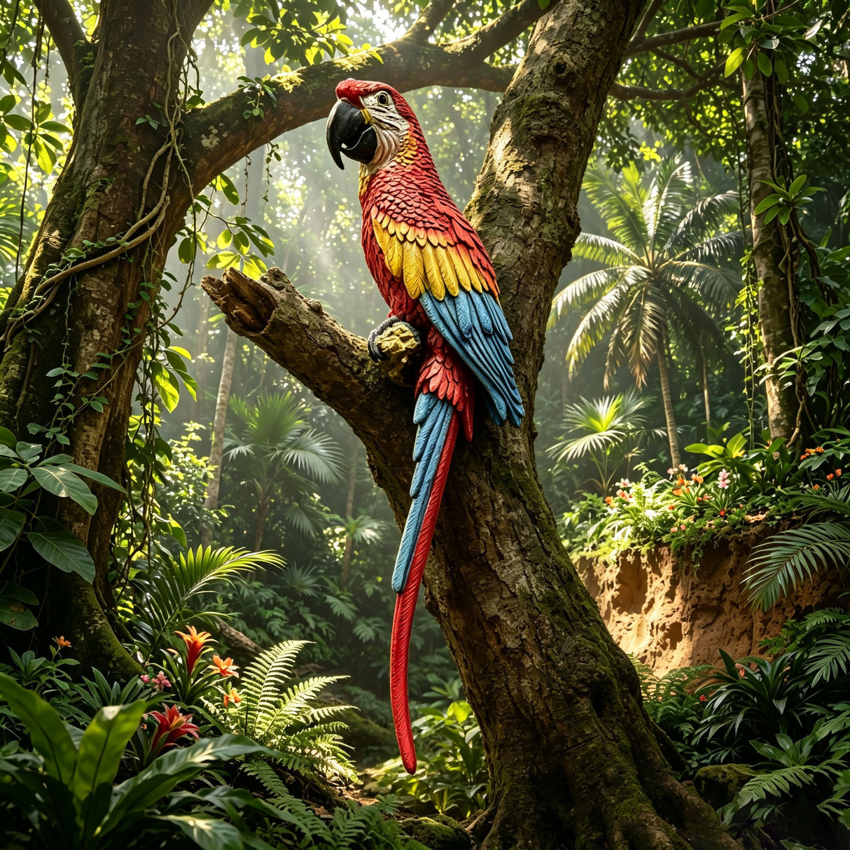Hanging Scarlet Macaw Parrot Statue, 38'' Lifelike Hand-Painted Resin Bird Figurine Weatherproof Outdoor Tropical Sculpture for Porch, Balcony, Tree & Patio Garden Yard Decor, Cute Animal Ornament Gi