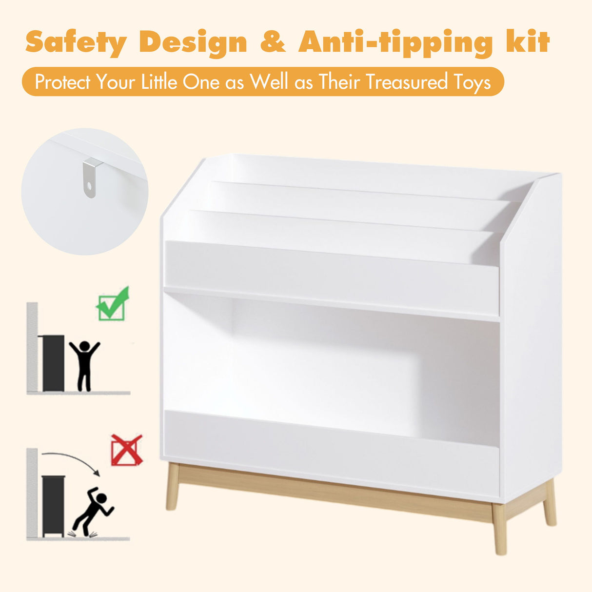 Bookcase Organizer With Storage, 3 Tier Toddler Book Display Shelf For Playroom - White