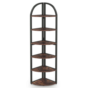 Tall 6 Tier Corner Shelf, Freestanding Bookshelf For Living Room - Rustic Brown