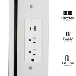 Cabinet Vanity Table & Cushioned Stool, USB Power Station, Hair Dryer Bracket - White