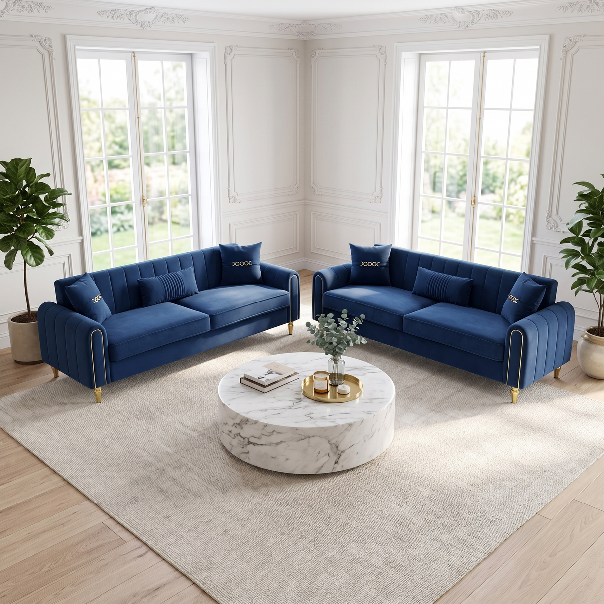 Vintage Blue Velvet 2-Piece Sofa Set