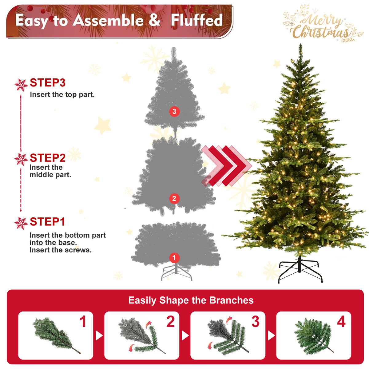 6-Foot Hinged PE & PVC Artificial Christmas Tree, 1608 Tips, 350 Warm White LED Lights