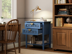 Dusty Blue 2-Drawer Nightstand with Carved Lattice Fronts, Gold Pulls