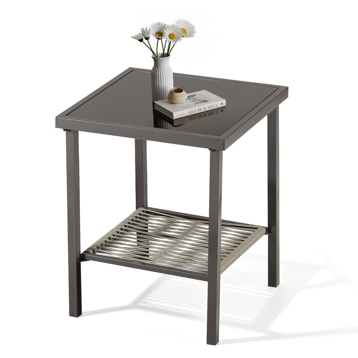 Outdoor Wicker Side Table 22x18x18 Inch All-Weather Rattan