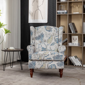 Modern Accent Chair with Retro Wood Legs, Floral Design, Antique Blue Linen