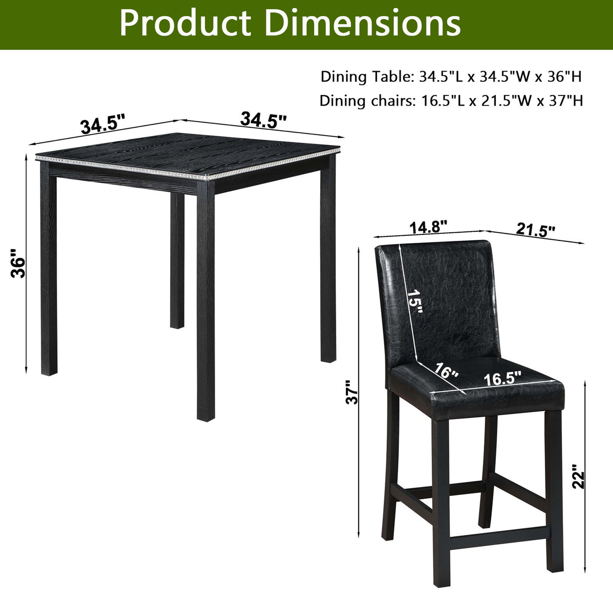 5 Pieces Counter Height Table Set, Kitchen Table With Square Table And 4 Upholstered Chairs