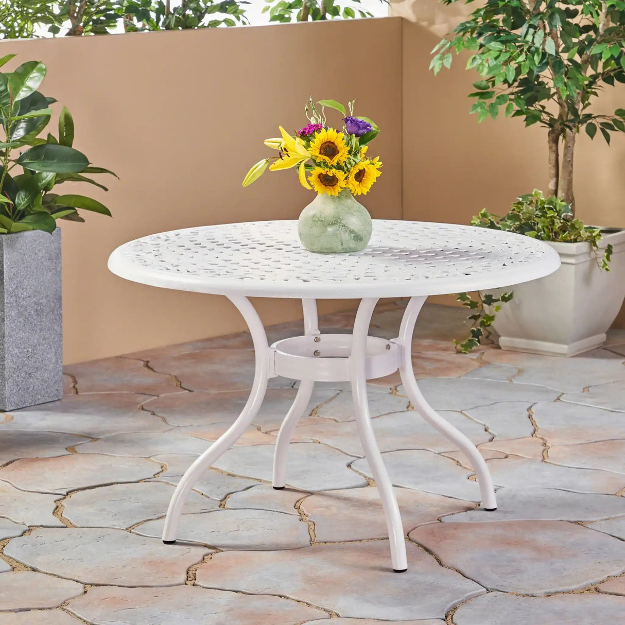Tranquilius - Outdoor Round Dining Table With Lattice Tabletop, Umbrella Hole And Curved Legs - Best Buy Furniture