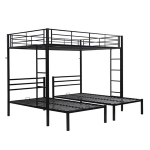 Modern Metal Triple Bunk Bed With Vertical Ladder, Safety Rail, And Storage Shelf - Black