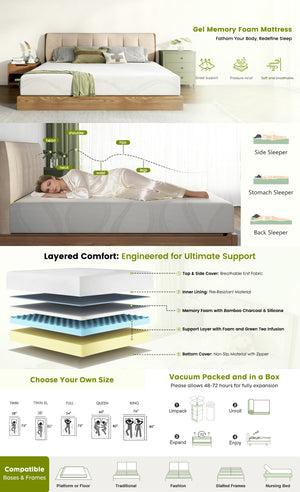 Queen Size Memory Foam Mattress, 10 Inch Bed Mattress, with Cooling