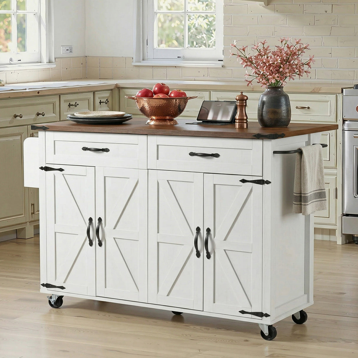 K&K 53.5'' Farmhouse Kitchen Island with Power Outlet