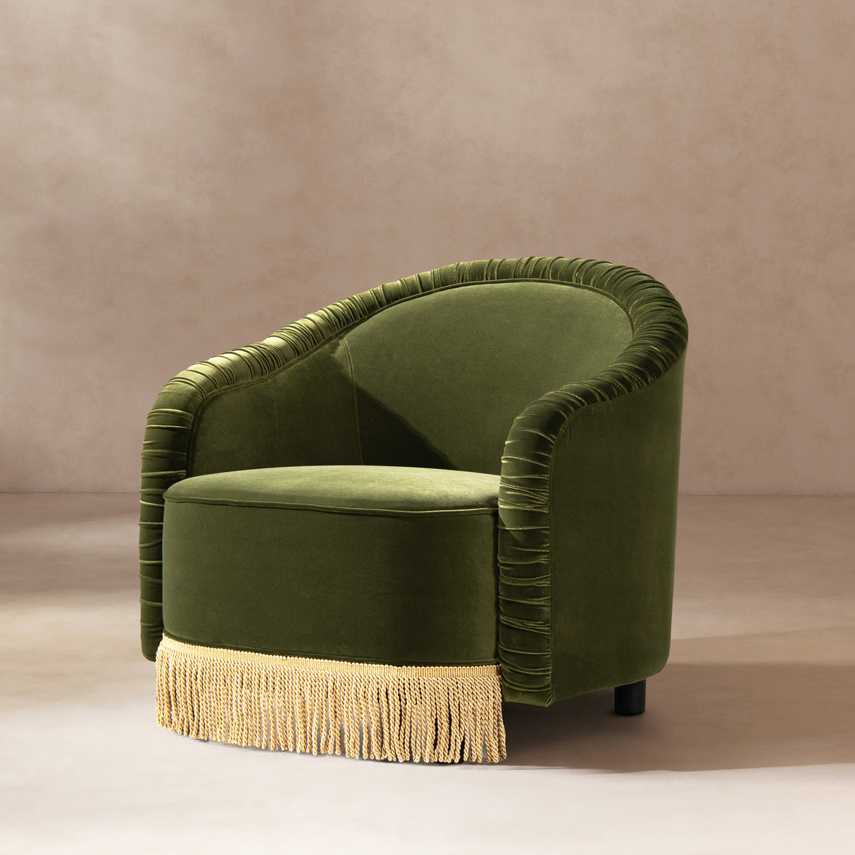 Serena 31.5" Ruched Barrel Back Accent Arm Chair with Bullion Fringe, Olive