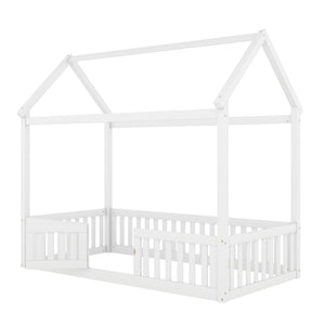 Wood House Bed With Fence And Door