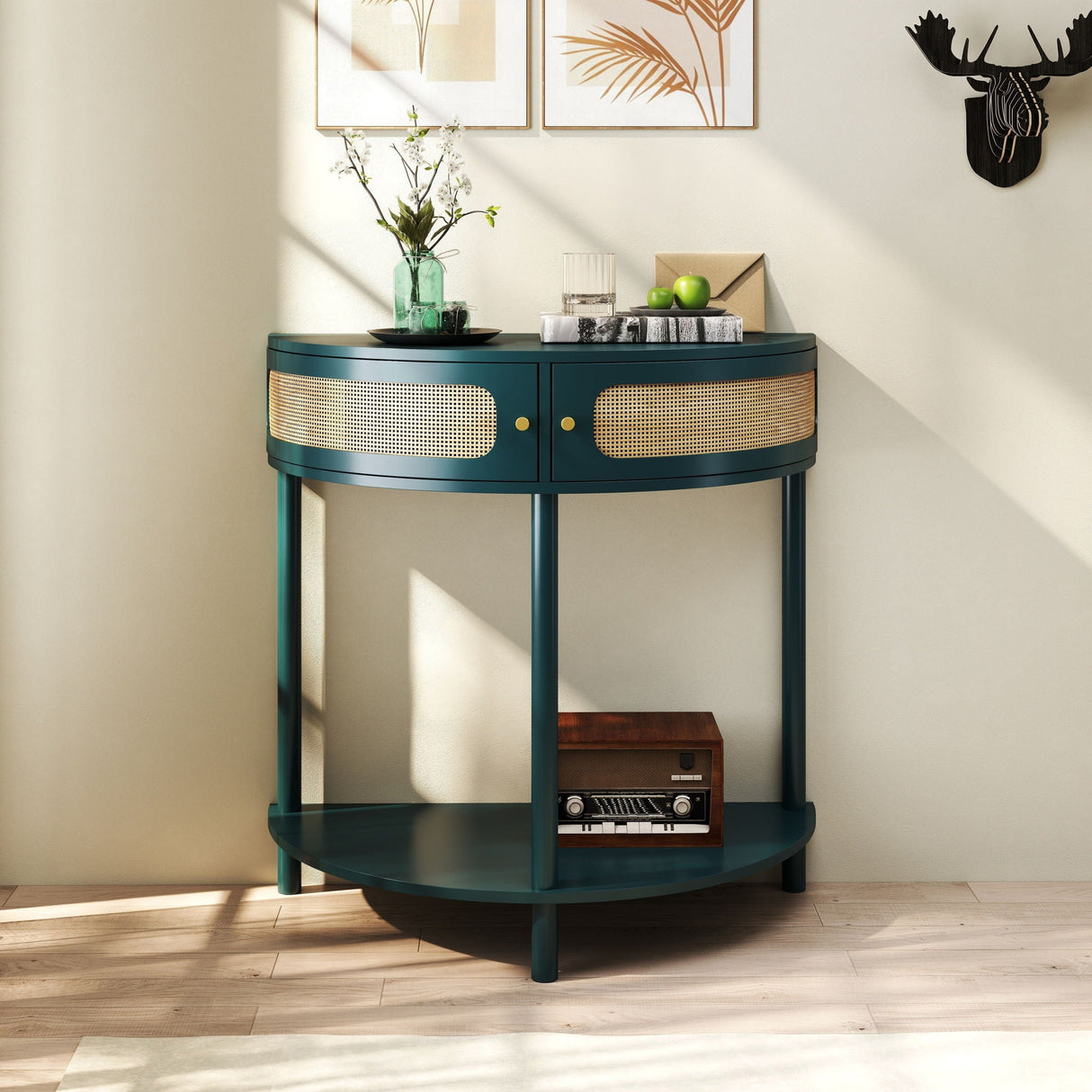 Boho Rattan Semi Circle End Table With Sliding Rattan Door, Storage And Bottom Shelf