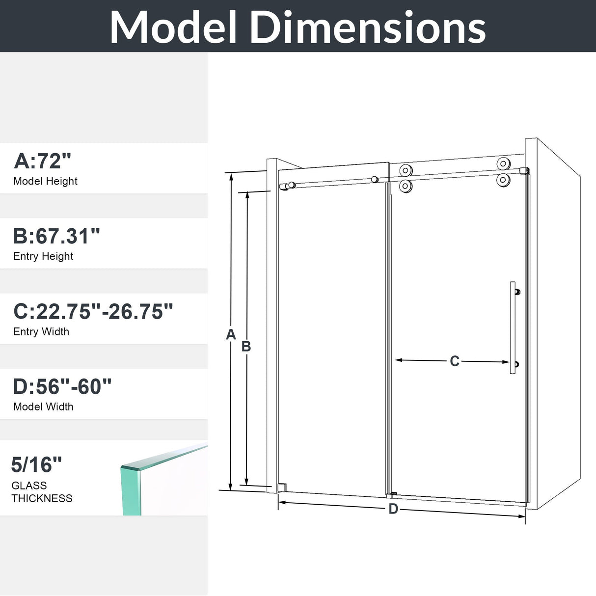 Frameless Single Sliding Shower Door With Clear Tempered Glass