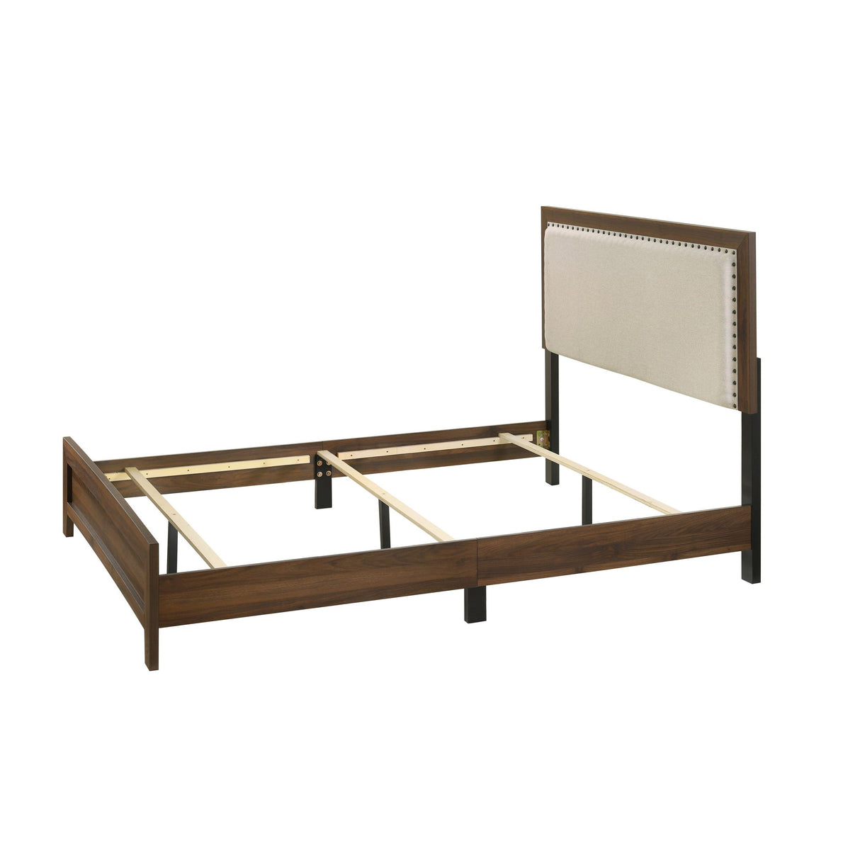 Panel Bed With Fabric Upholstered Tufted Nailhead Trim Headboard