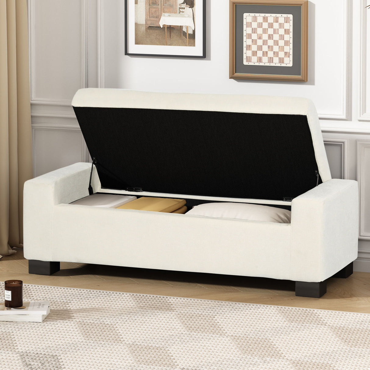 Textured Fabric Ottoman Bench With Hinged Lid