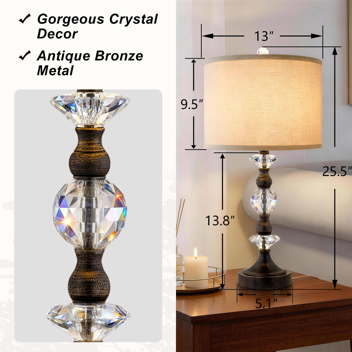 Crystal Table Lamp with 3-Way Dimmable Light and USB Type-C Ports, Set of 2, Antique Bronze