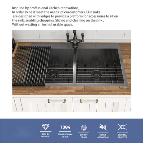 Double Bowl Drop In Kitchen Sink, 16 Gauge Stainless Steel With 2 9" Deep Basins - Gunmetal Black