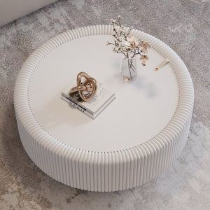 White Round Fluted Coffee Table with Hidden Storage