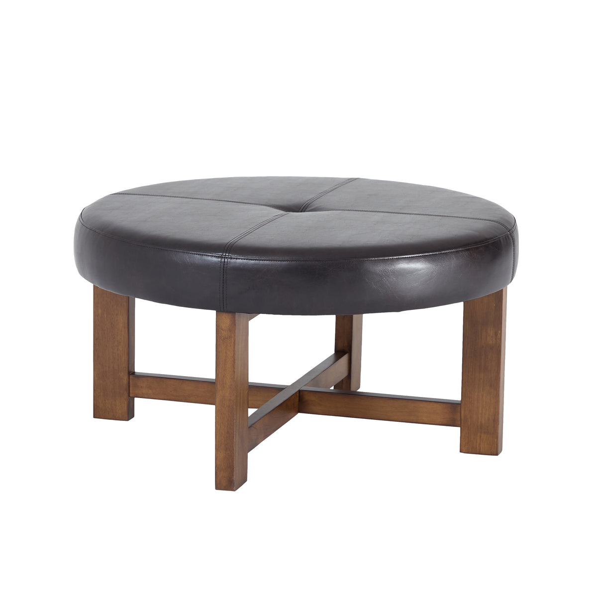 Round Leather Ottoman Coffee Table with Solid Wood Base