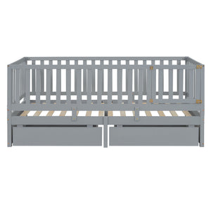 Daybed With Fence Guardrails And 2 Drawers, Split Into Independent Floor Bed & Daybed