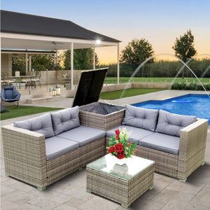 4 Piece Patio Sectional Wicker Rattan Outdoor Furniture Sofa Set With Storage Box