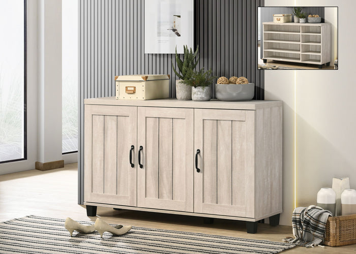 Oak Finish 3-Door Shoe Cabinet with Adjustable Shelves - Dusty Gray