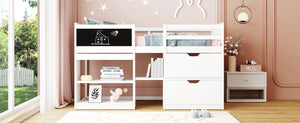 Low Loft Bed With Rolling Desk, Shelf And Drawers