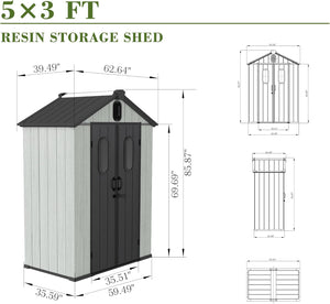 5x3FT Outdoor Resin Storage Shed with Transparent Windows & Louvered Vents